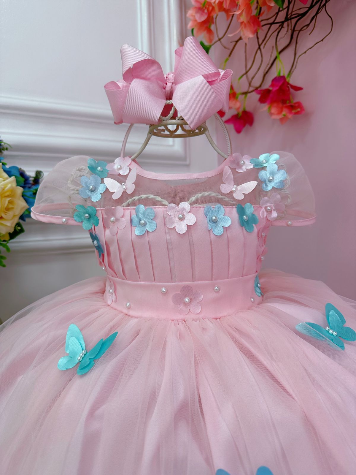 Vestido Infantil Rosa Plissado Aplique Flores Borboleta