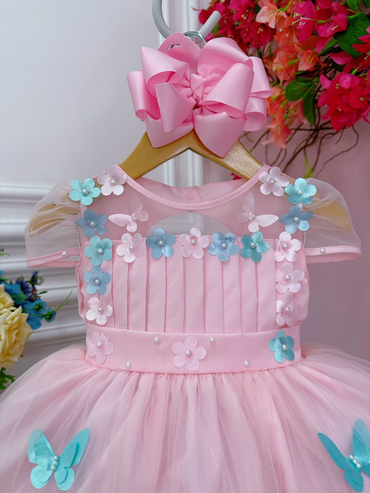 Vestido Infantil Rosa Plissado Aplique Flores Borboleta