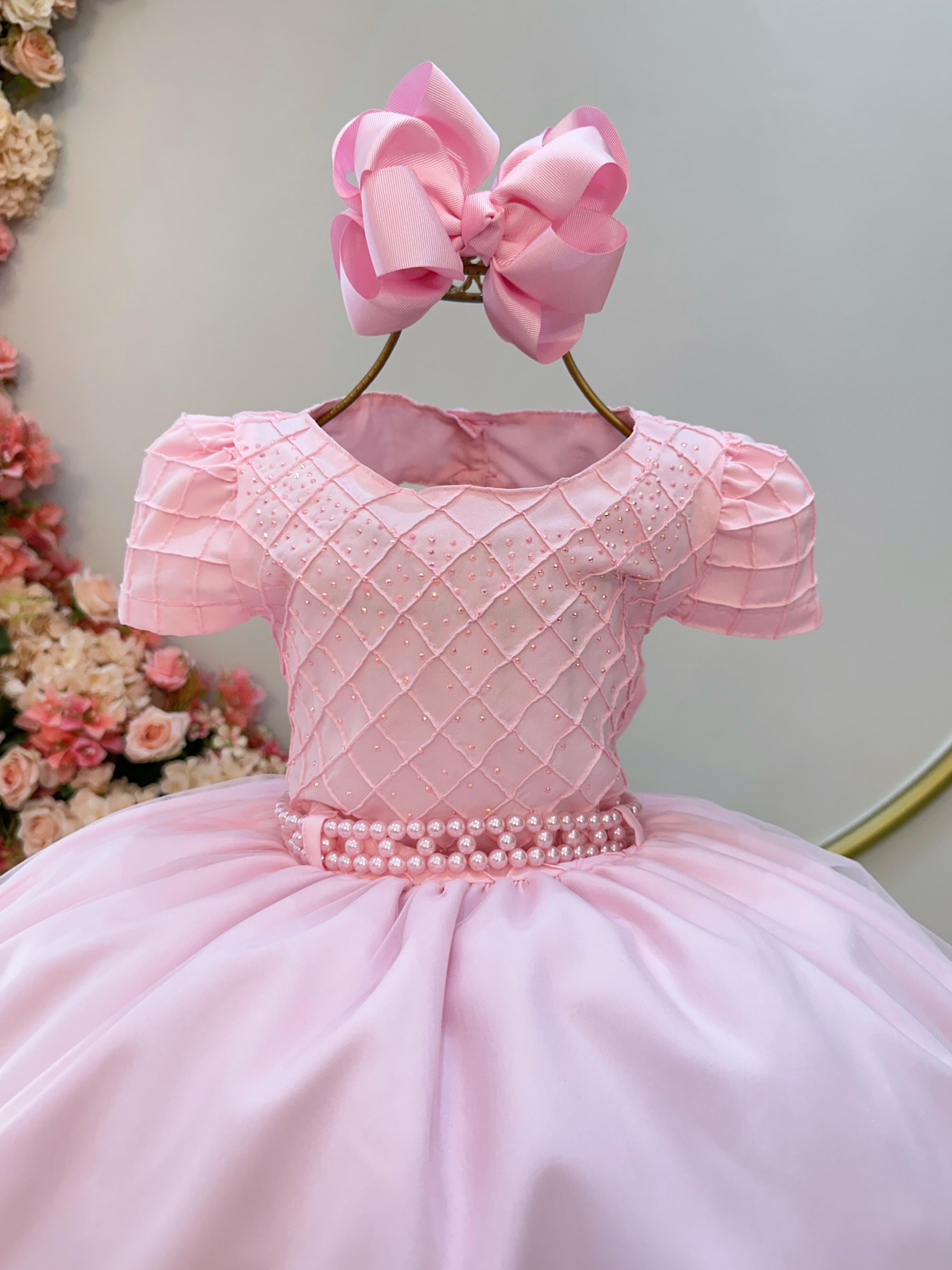 Vestido Infantil Rosa Claro Busto Nervura Strass Daminhas