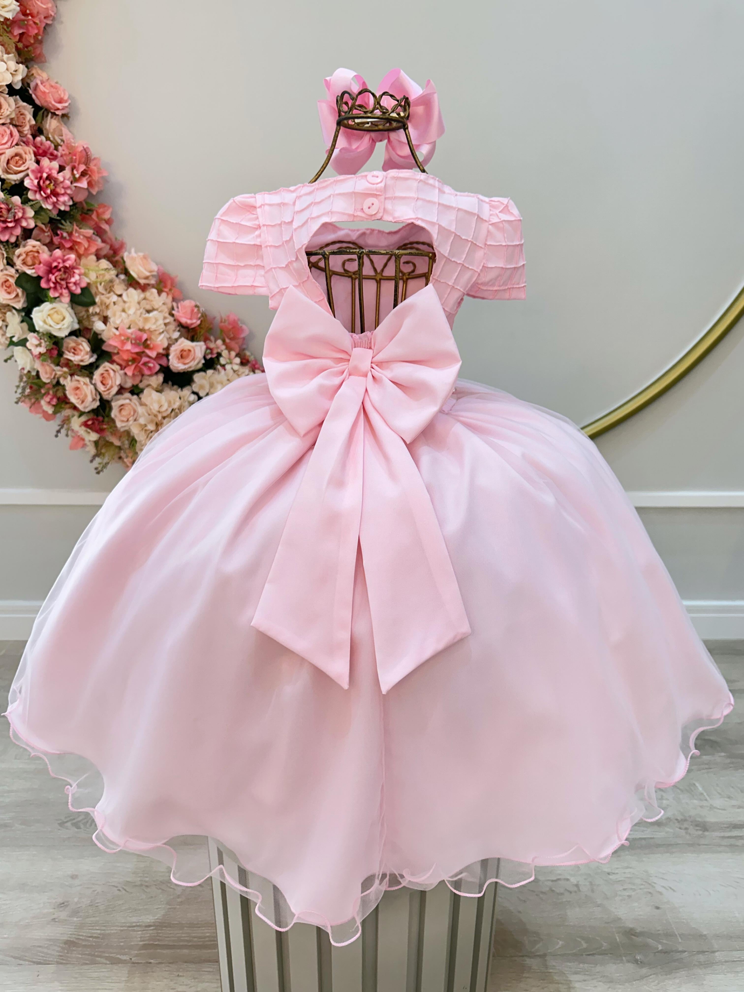 Vestido Infantil Rosa Claro Busto Nervura Strass Daminhas