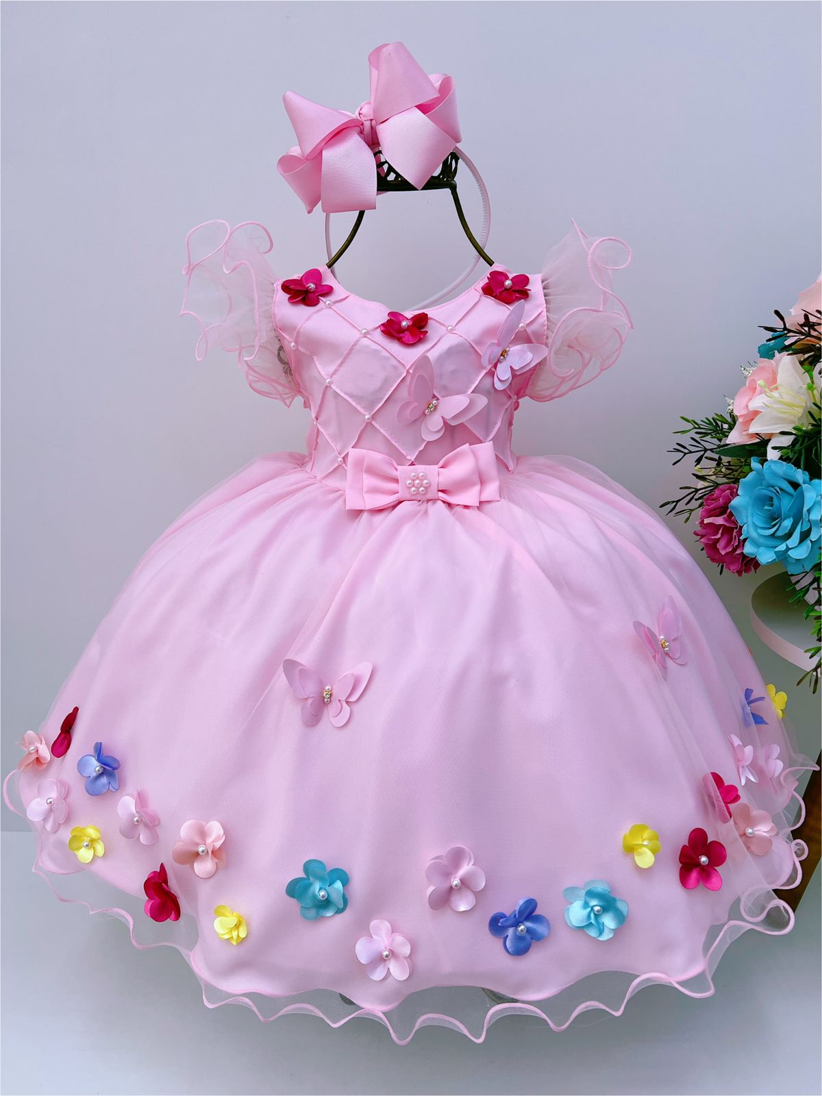 Vestido Infantil Rosa Peito Nervura Aplique de Flores