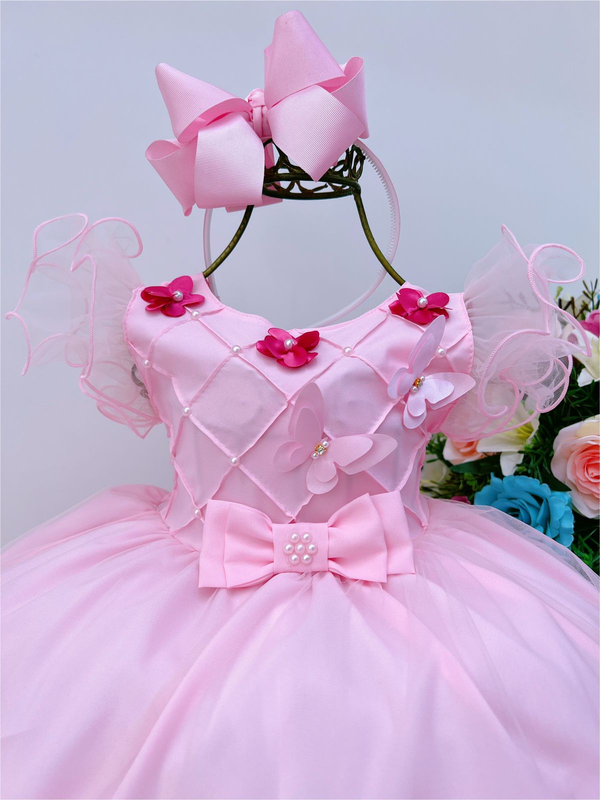 Vestido Infantil Rosa Peito Nervura Aplique de Flores