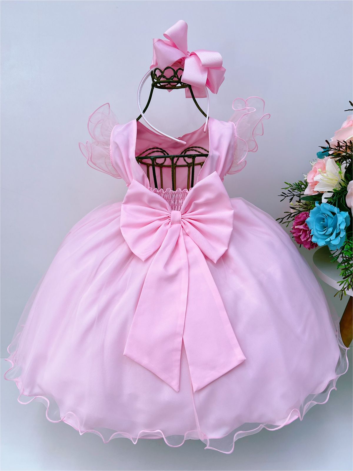 Vestido Infantil Rosa Peito Nervura Aplique de Flores