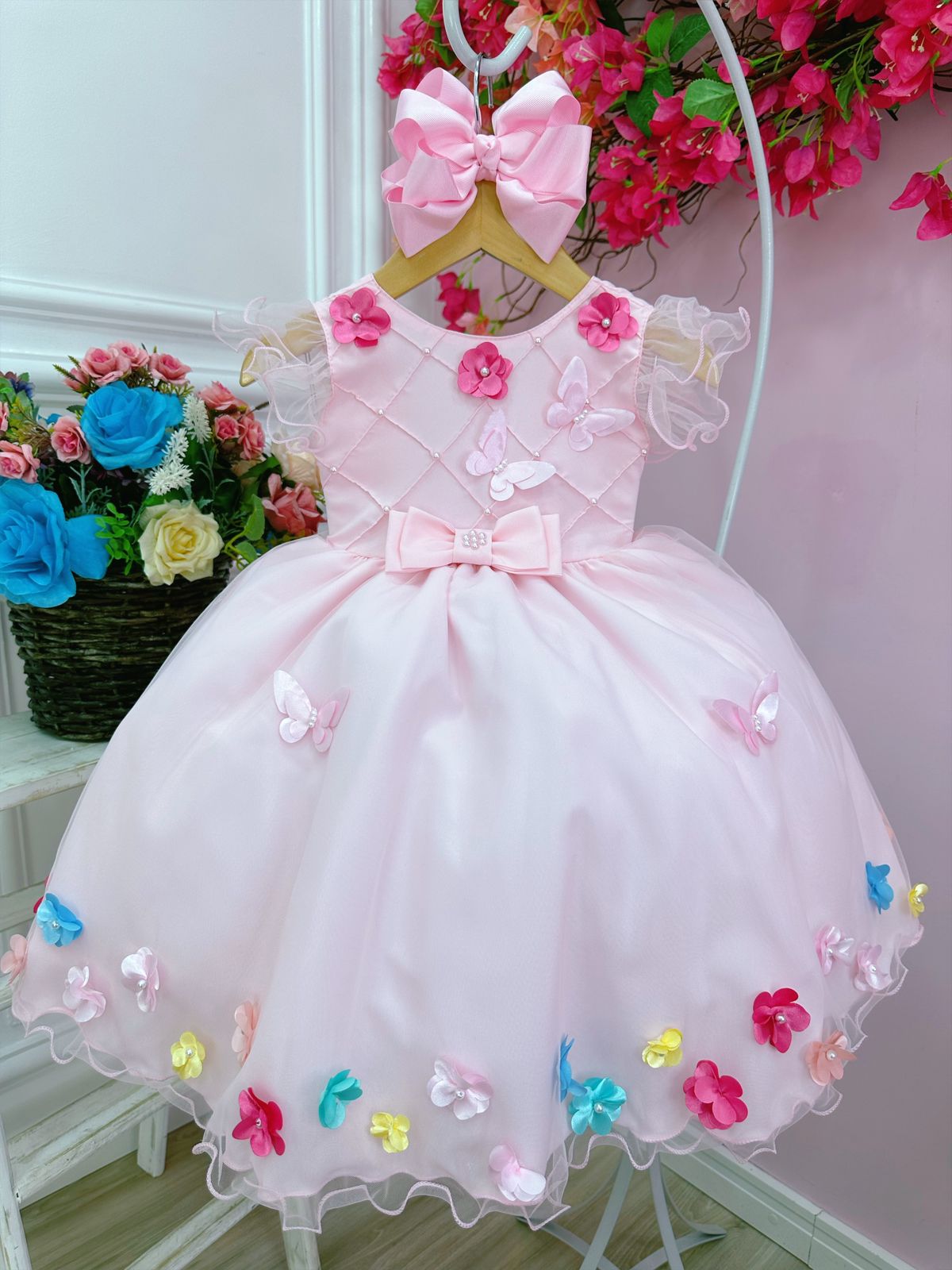 Vestido Infantil Rosa Peito Nervura Aplique de Flores