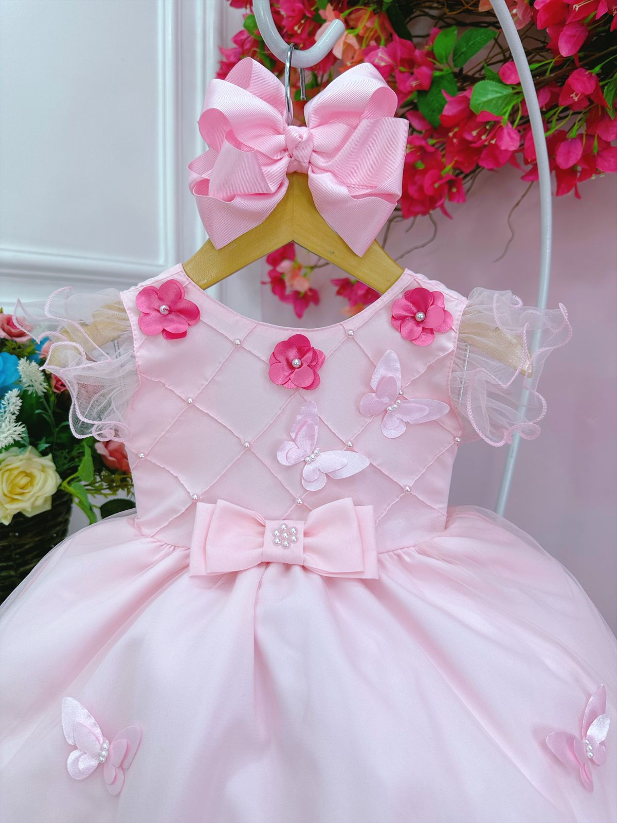 Vestido Infantil Rosa Peito Nervura Aplique de Flores