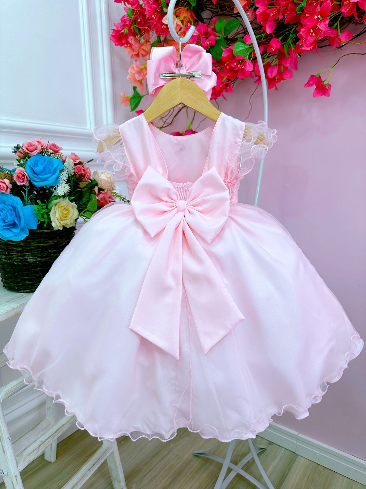 Vestido Infantil Rosa Peito Nervura Aplique de Flores