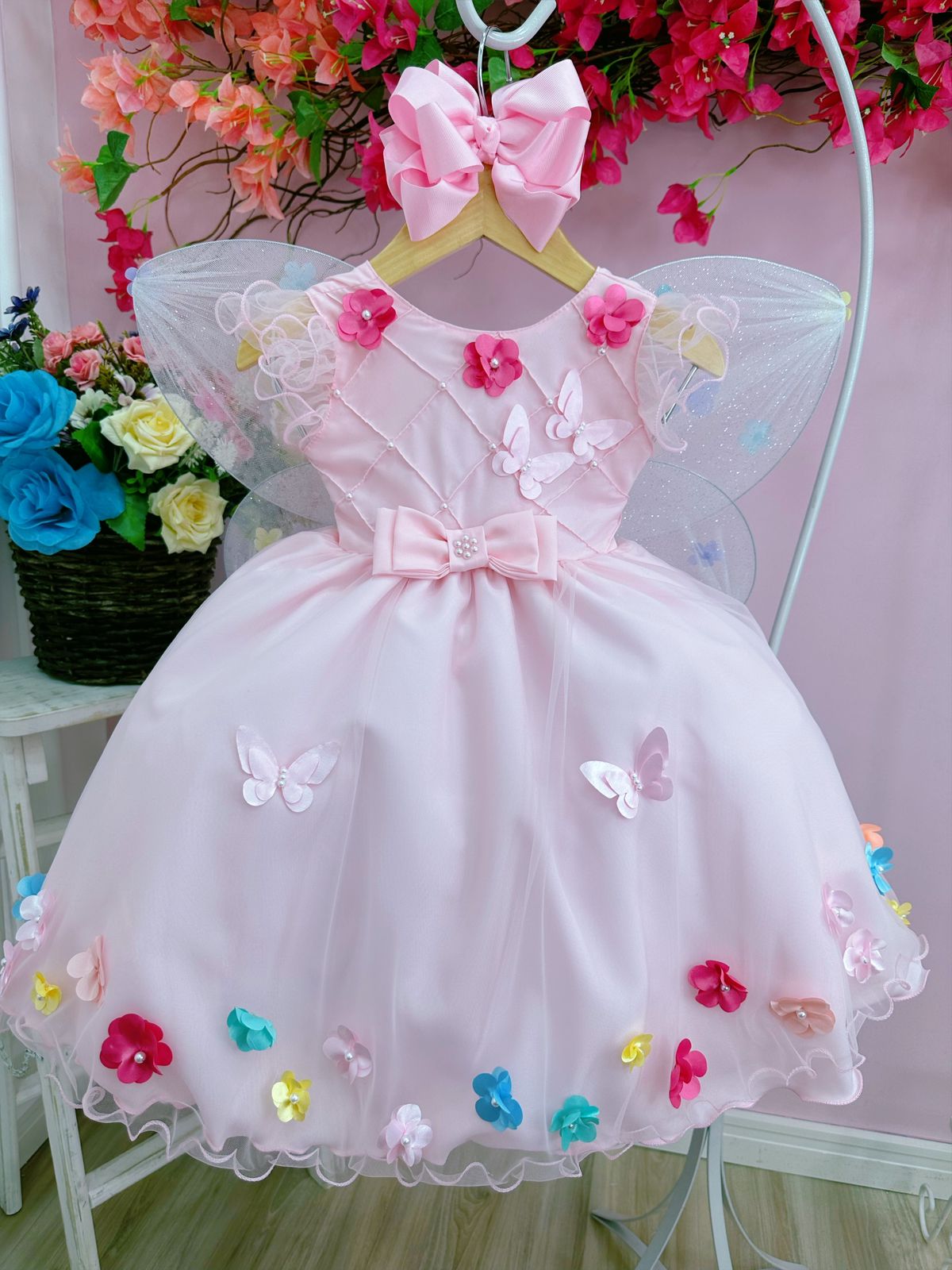 Vestido Infantil Rosa Peito Nervura Aplique de Flores