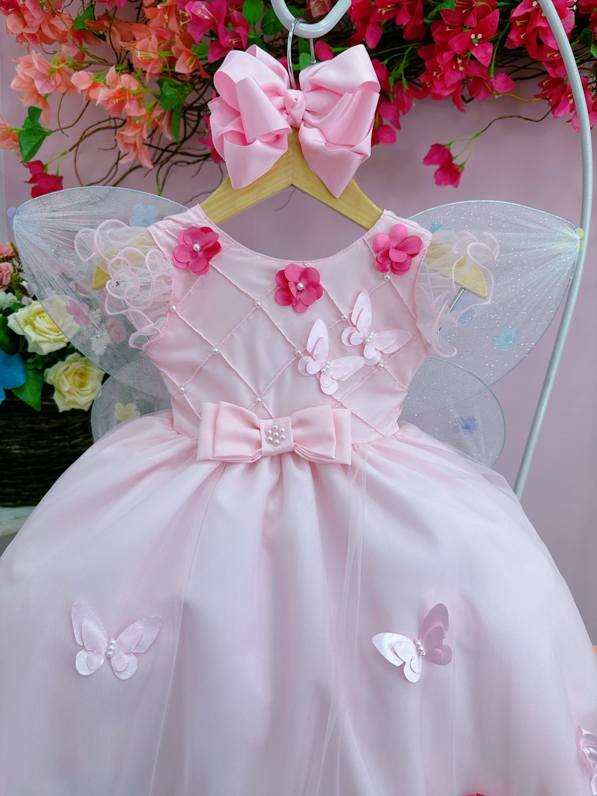 Vestido Infantil Rosa Peito Nervura Aplique de Flores