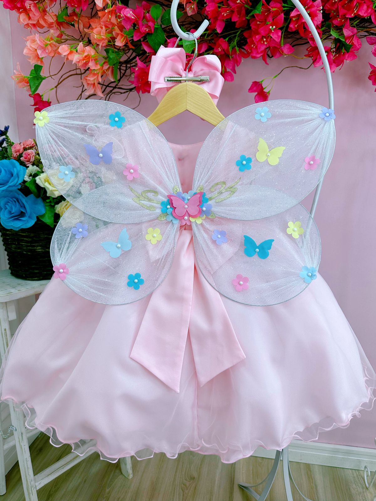 Vestido Infantil Rosa Peito Nervura Aplique de Flores