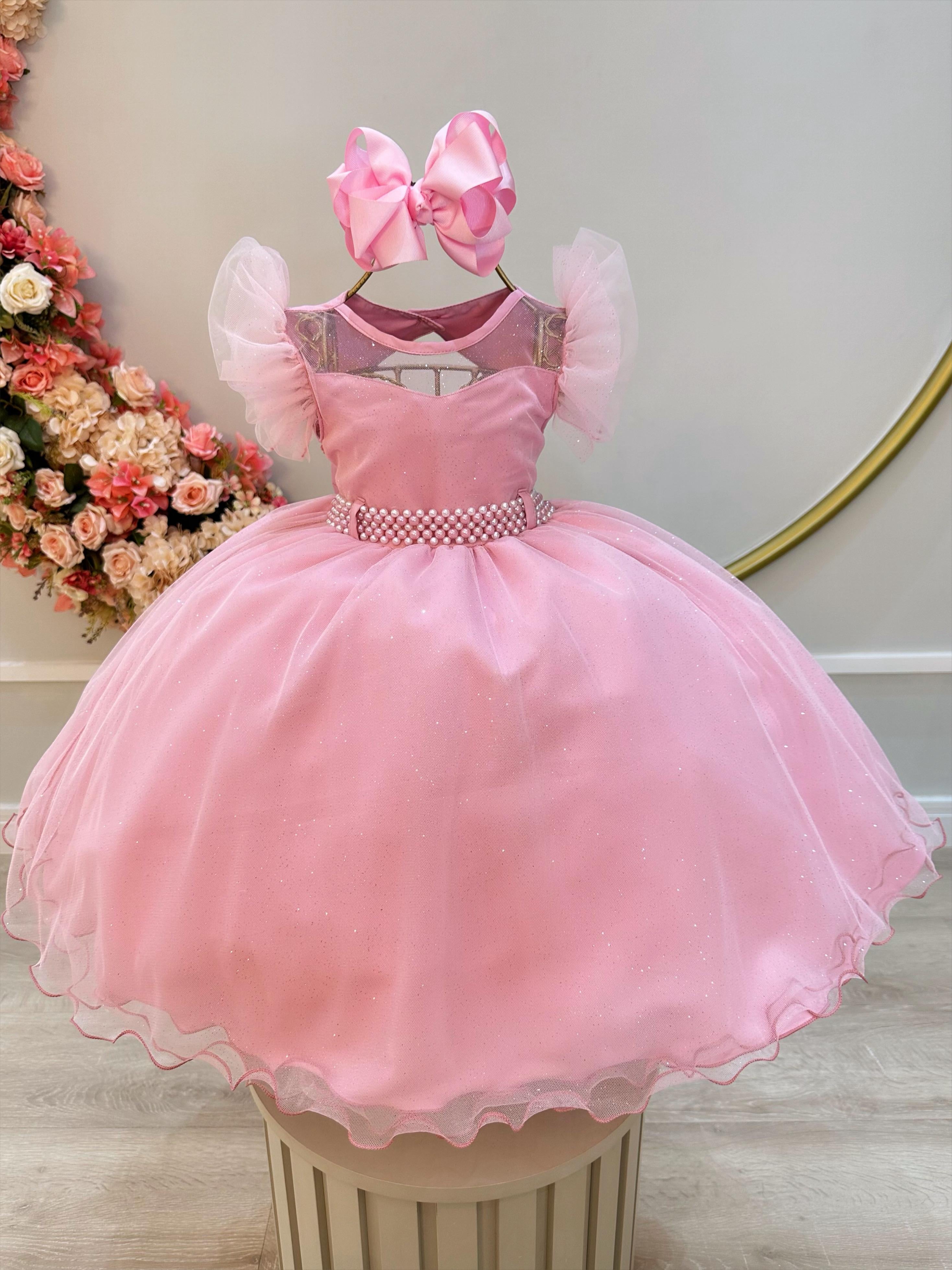 Vestido Infantil Rose Com Cinto de Pérolas Daminhas