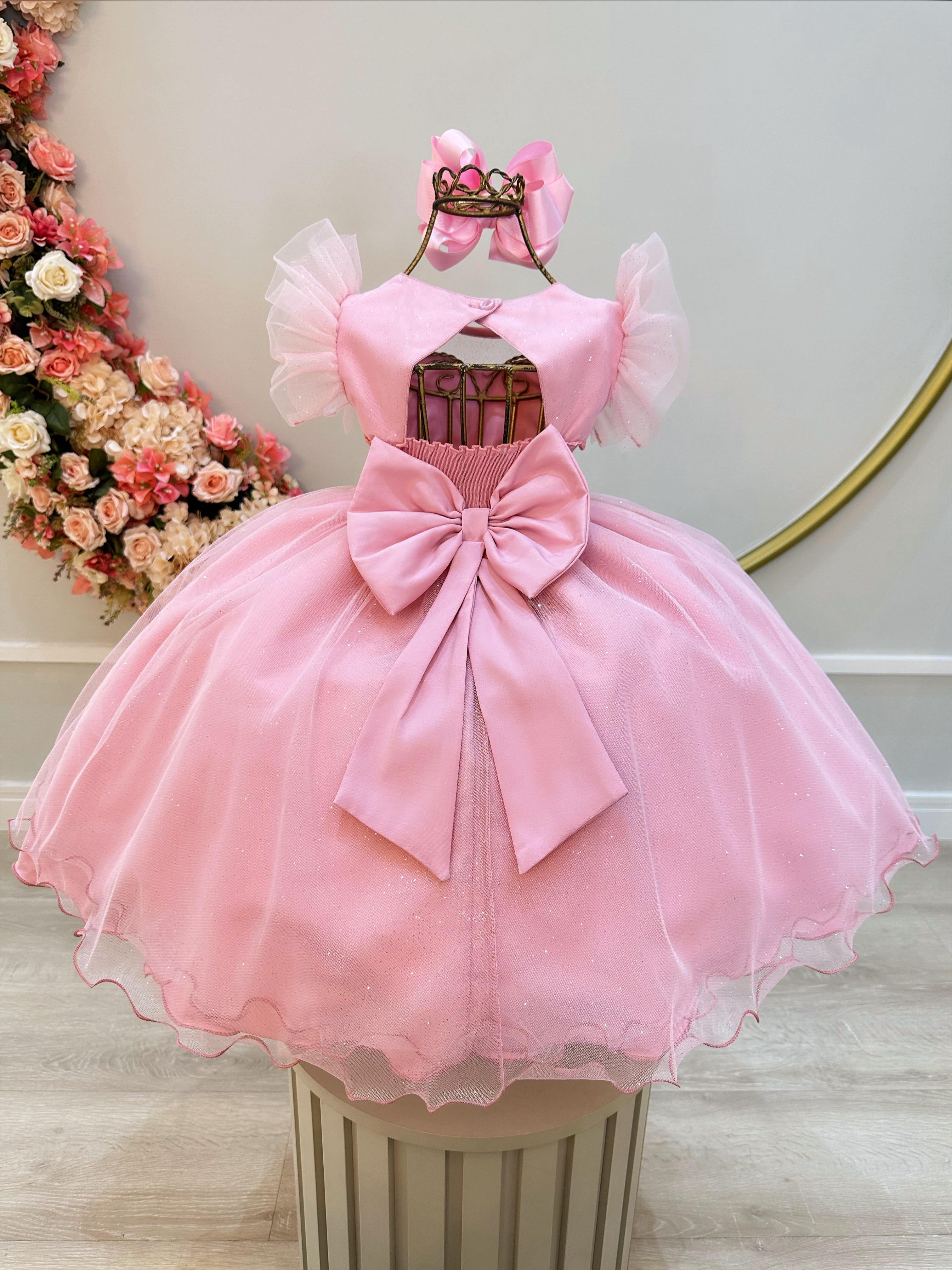 Vestido Infantil Rose Com Cinto de Pérolas Daminhas