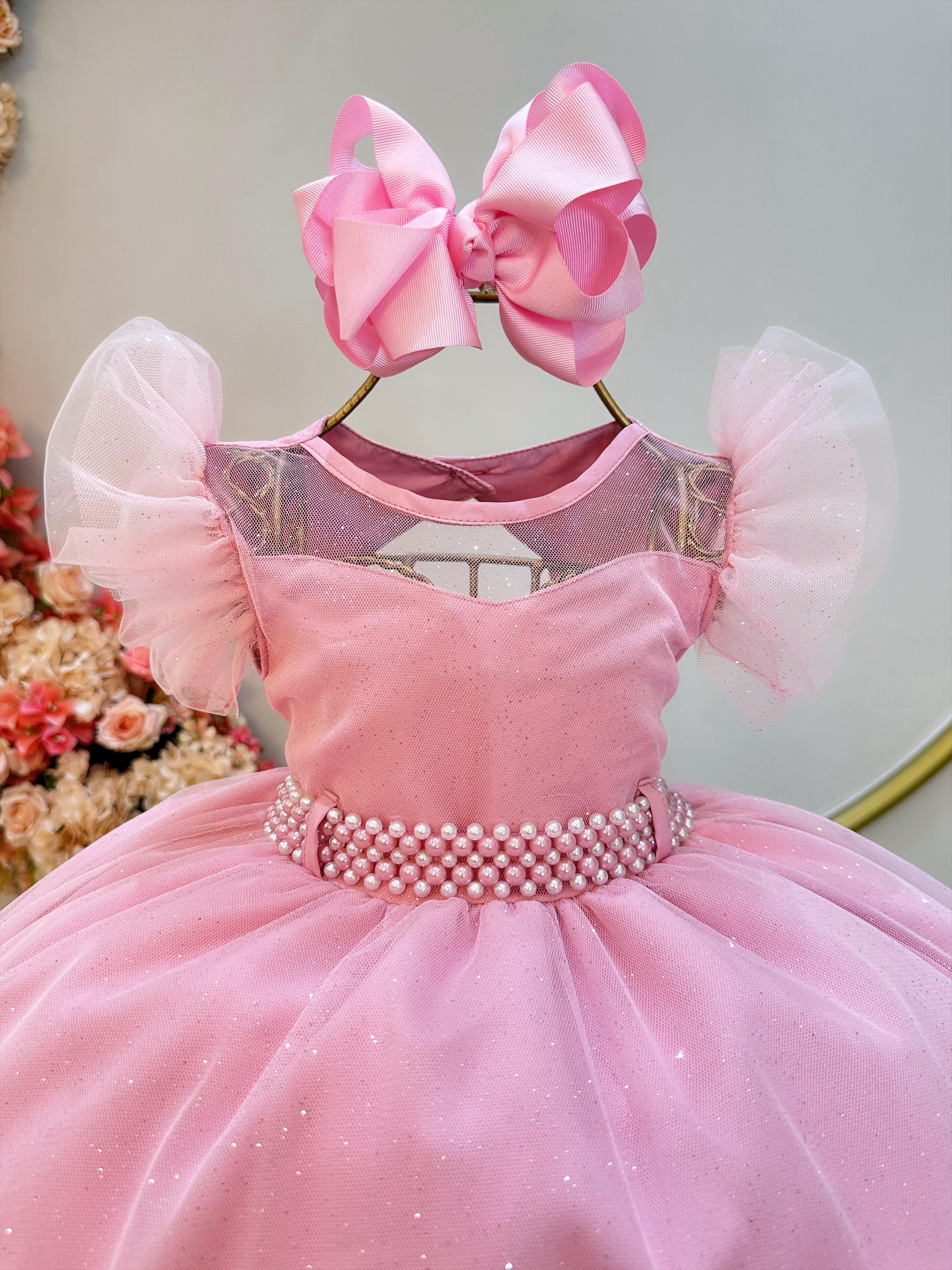 Vestido Infantil Rose Com Cinto de Pérolas Daminhas