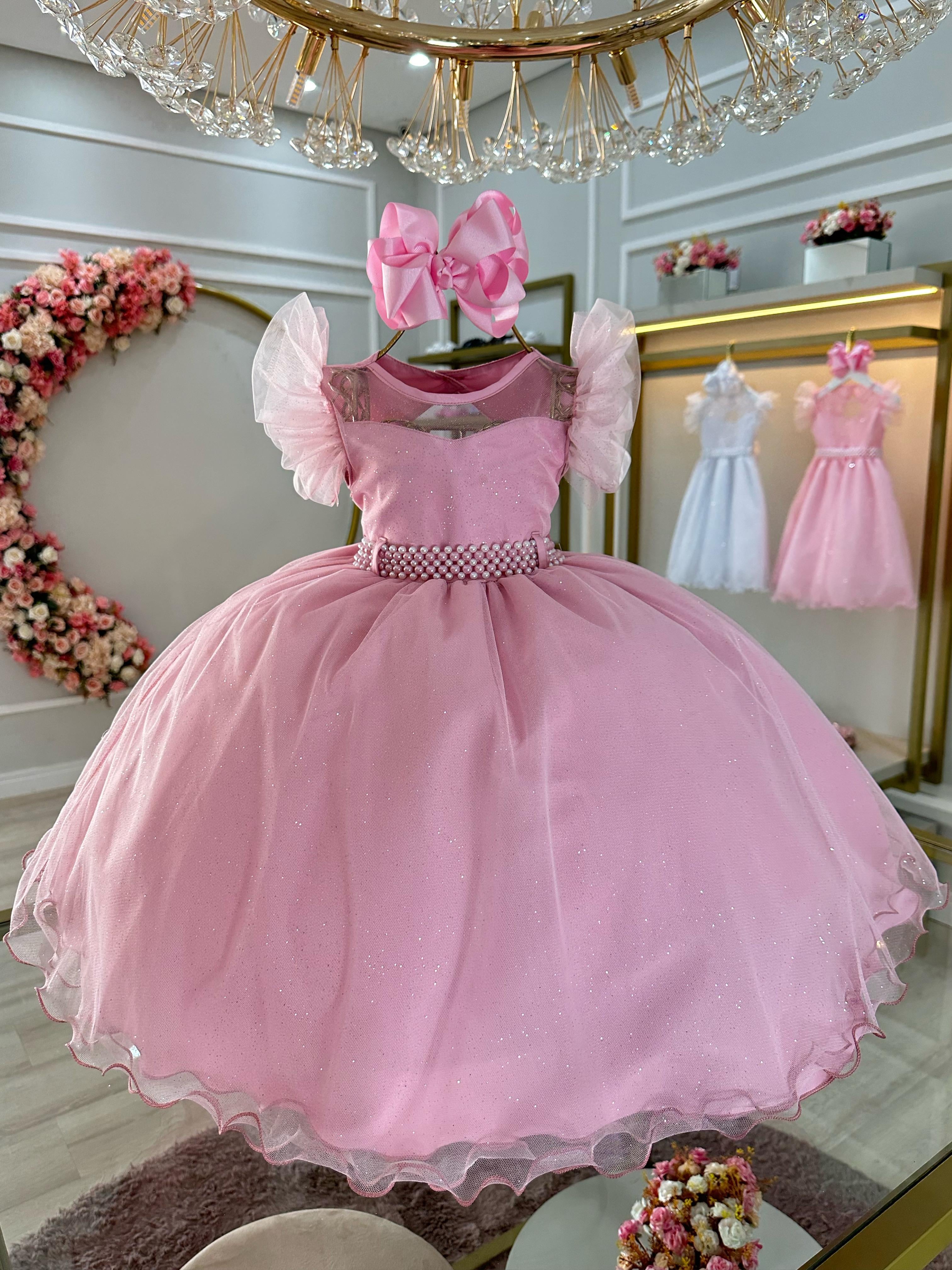 Vestido Infantil Rose Com Cinto de Pérolas Daminhas