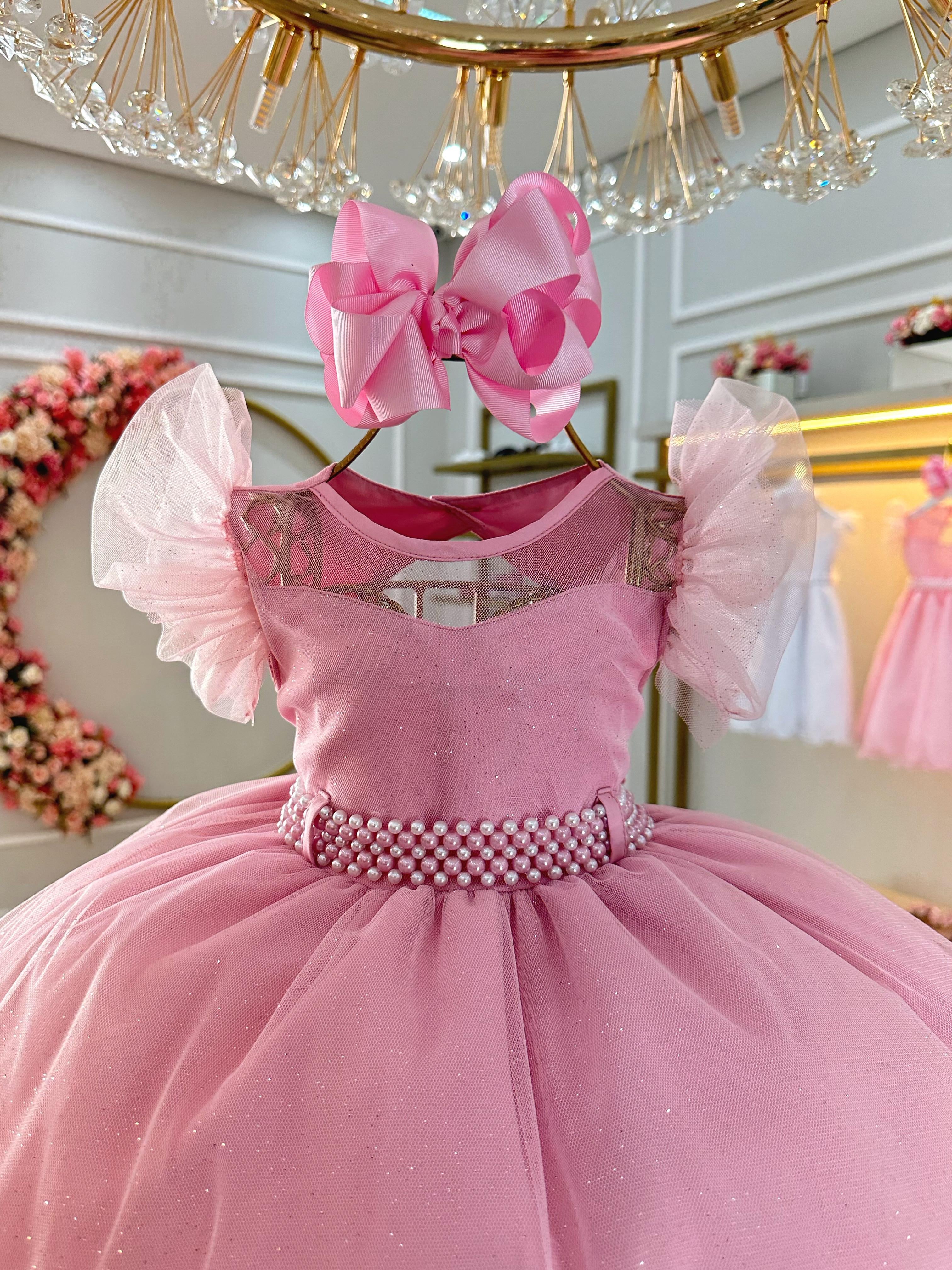 Vestido Infantil Rose Com Cinto de Pérolas Daminhas