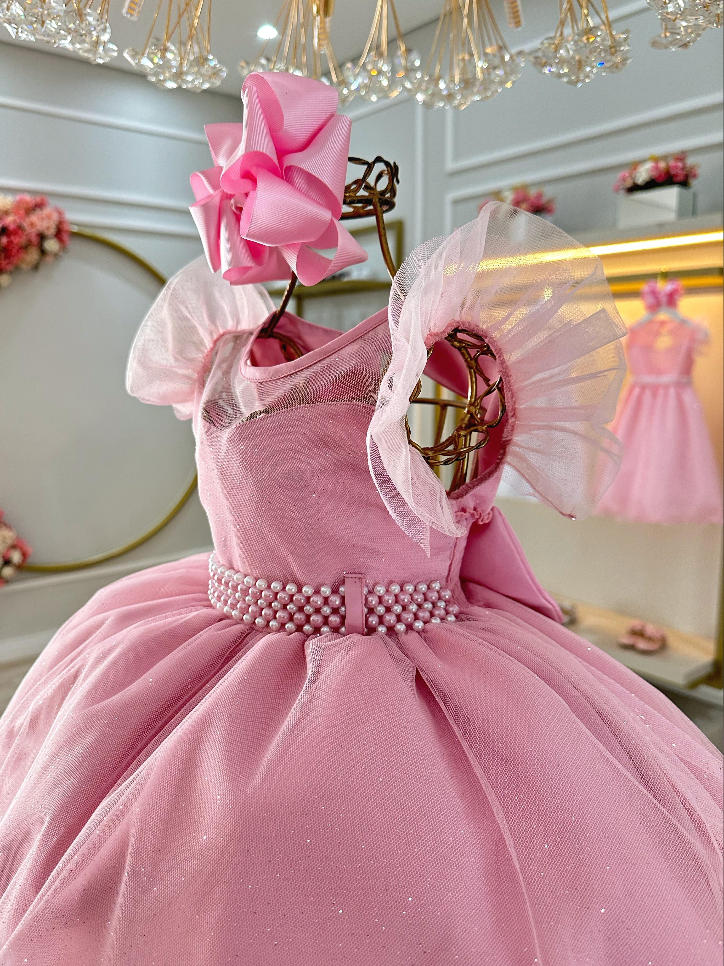 Vestido Infantil Rose Com Cinto de Pérolas Daminhas