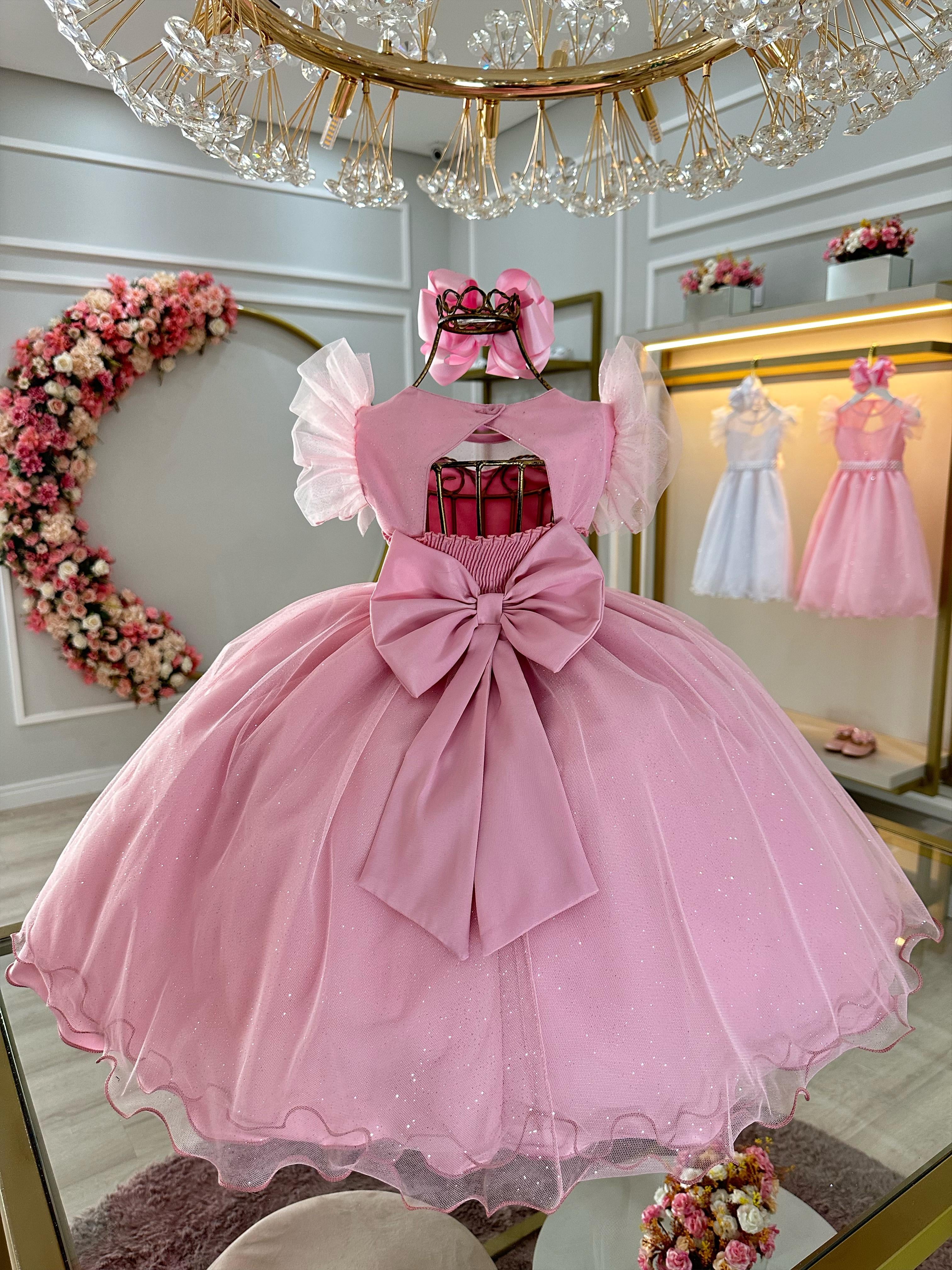 Vestido Infantil Rose Com Cinto de Pérolas Daminhas