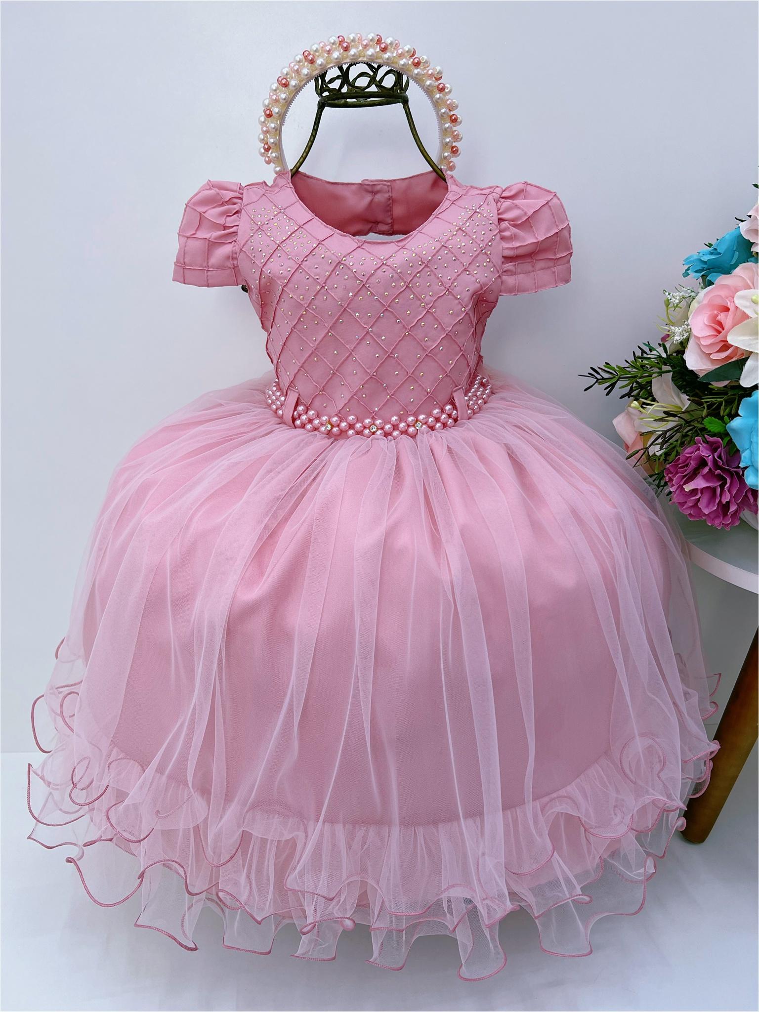 Vestido Infantil Rose Peito C/ Nervura Strass Pérolas