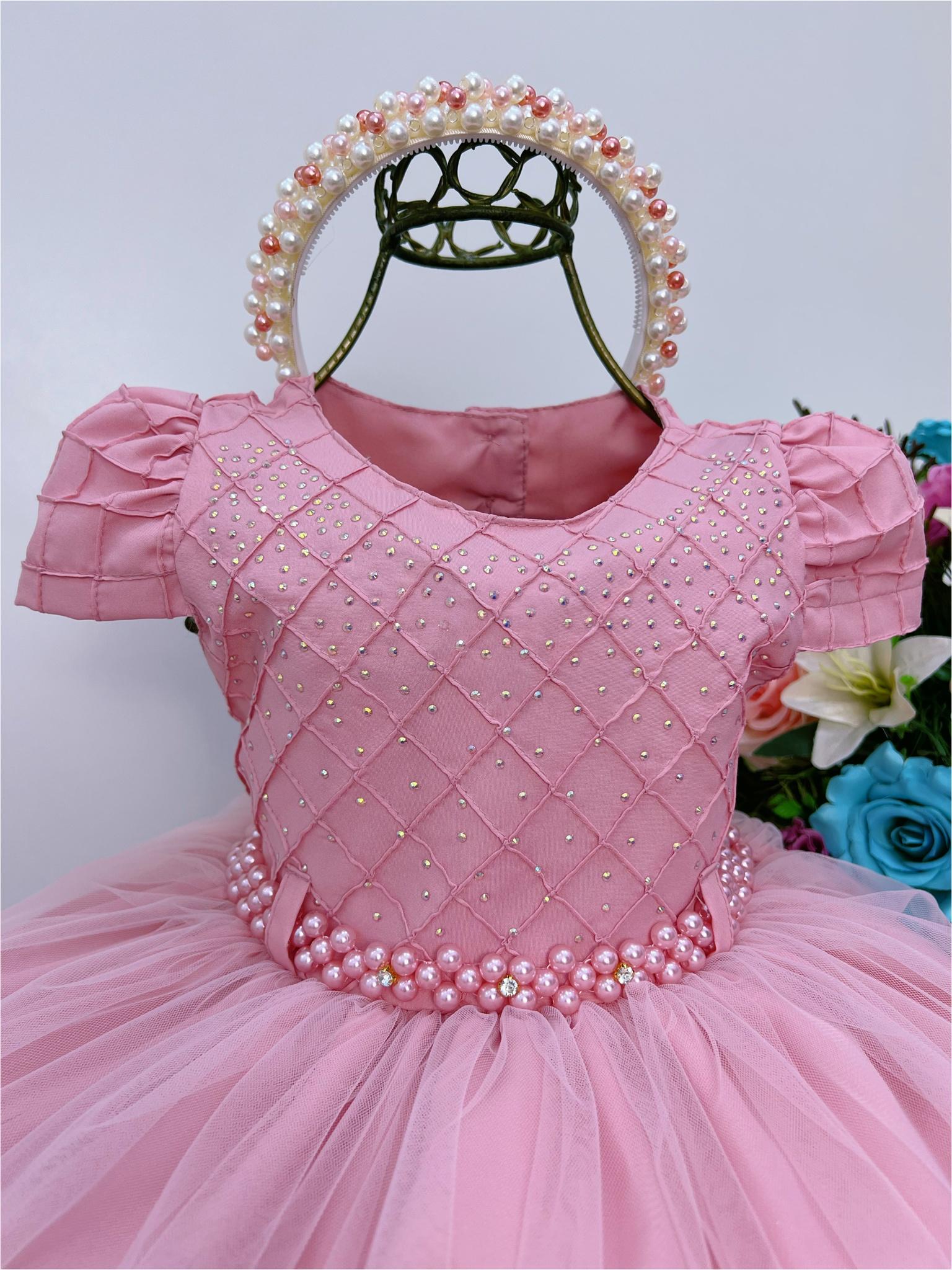 Vestido Infantil Rose Peito C/ Nervura Strass Pérolas