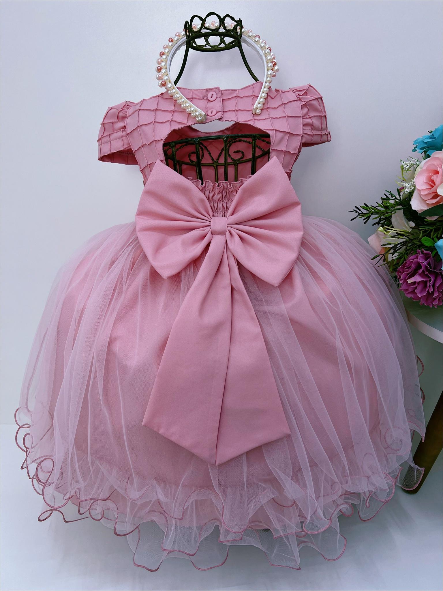 Vestido Infantil Rose Peito C/ Nervura Strass Pérolas