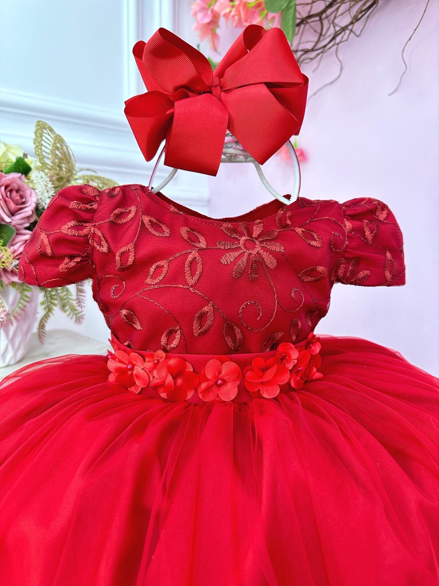 Vestido Infantil Vermelho C/ Renda e Aplique de Flores Festa