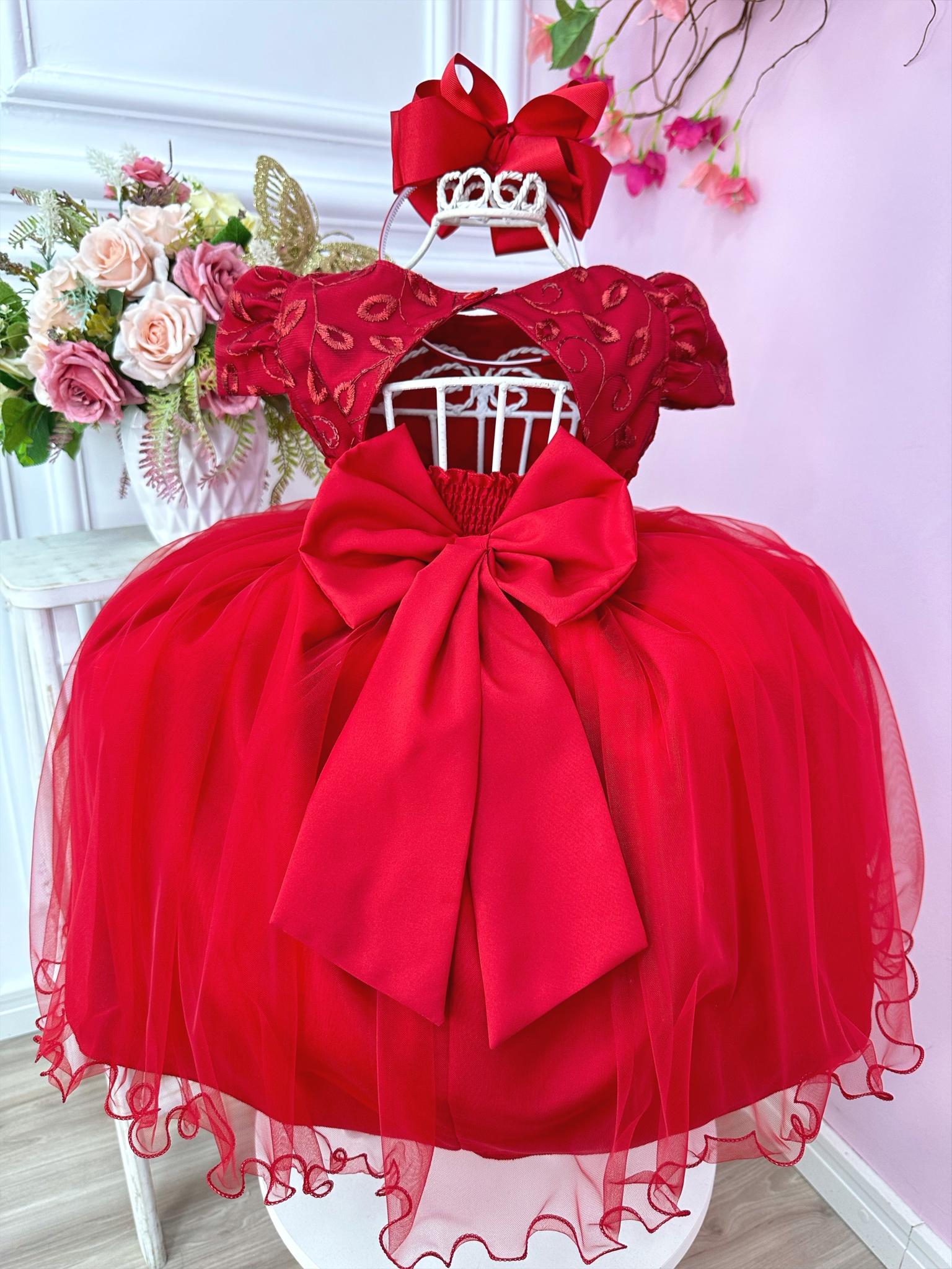 Vestido Infantil Vermelho C/ Renda e Aplique de Flores Festa
