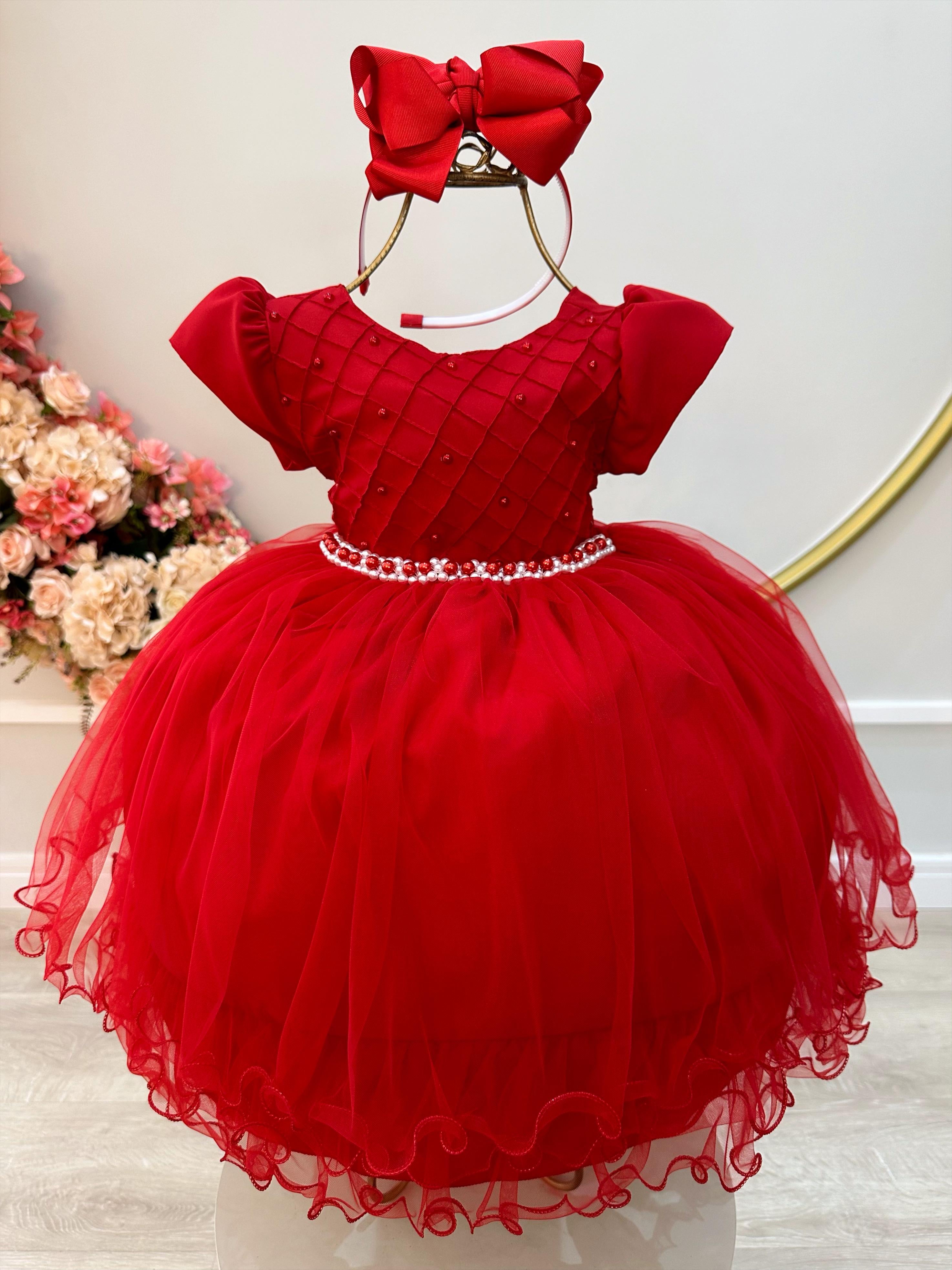 Vestido Infantil Vermelho Com Busto Plissado e Pérolas