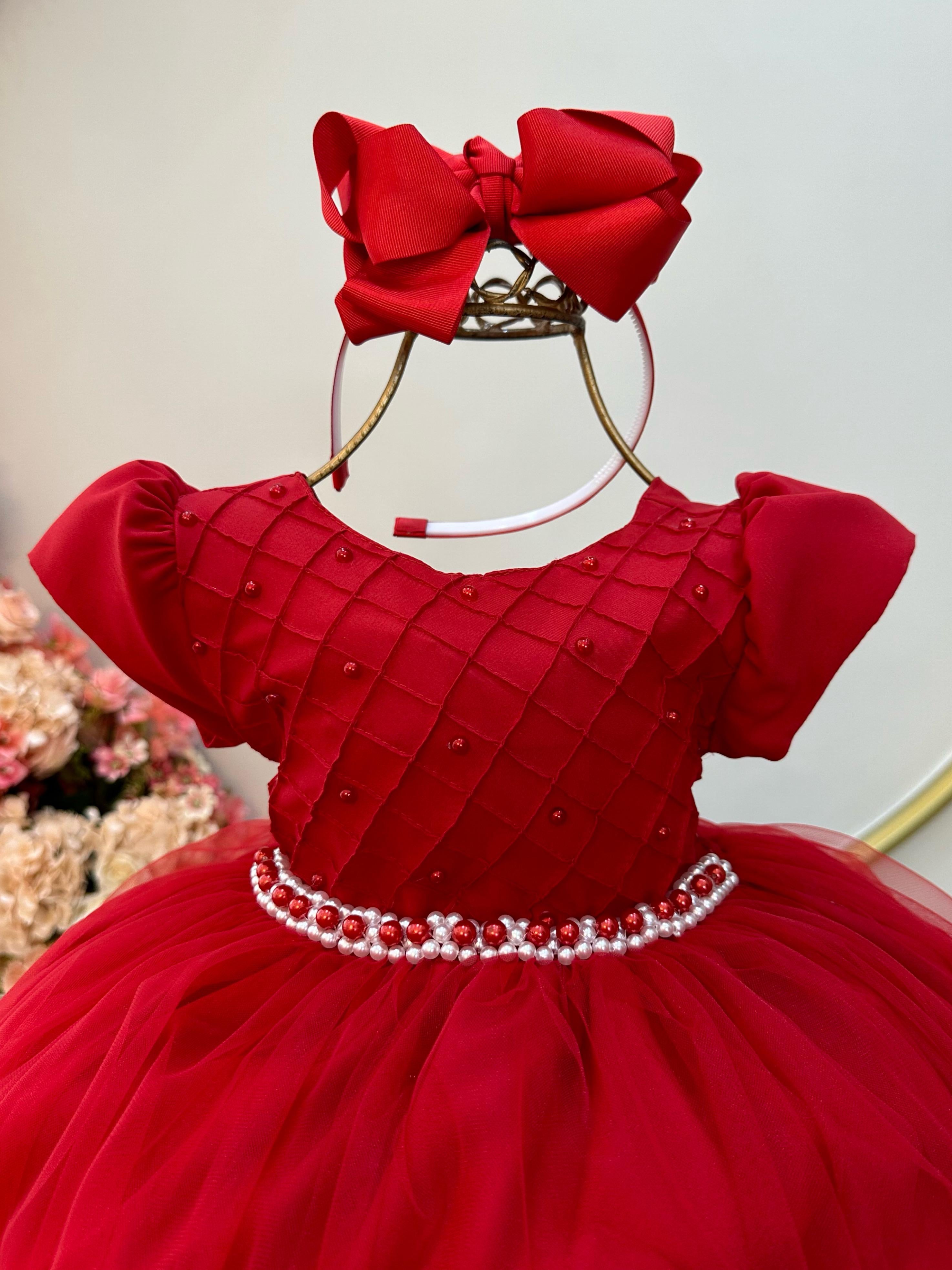 Vestido Infantil Vermelho Com Busto Plissado e Pérolas