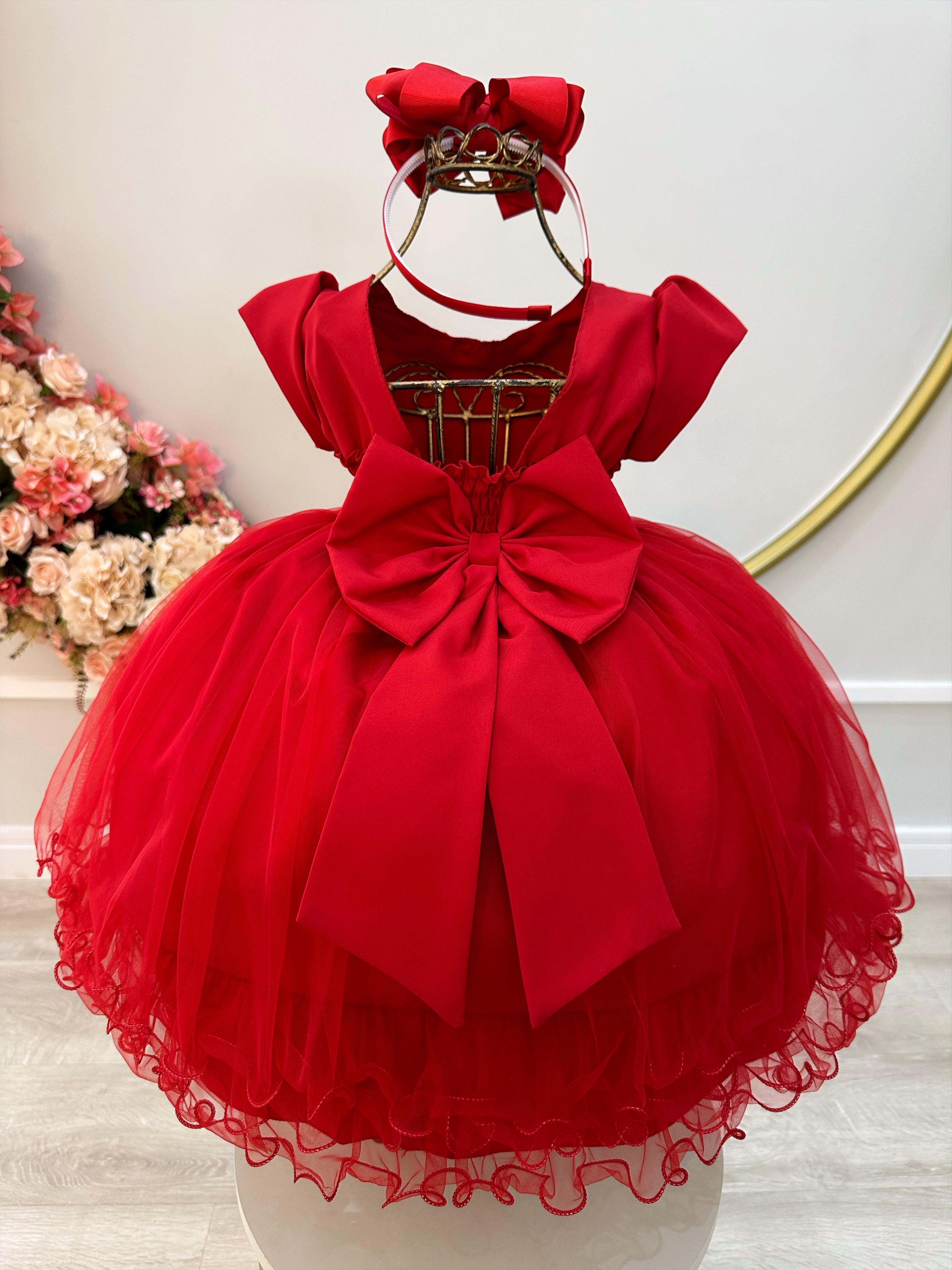 Vestido Infantil Vermelho Com Busto Plissado e Pérolas