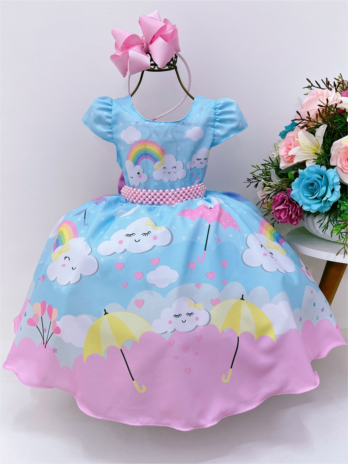 Vestido Infantil Azul Chuva de Amor Benção Nuvem C/ Pérolas