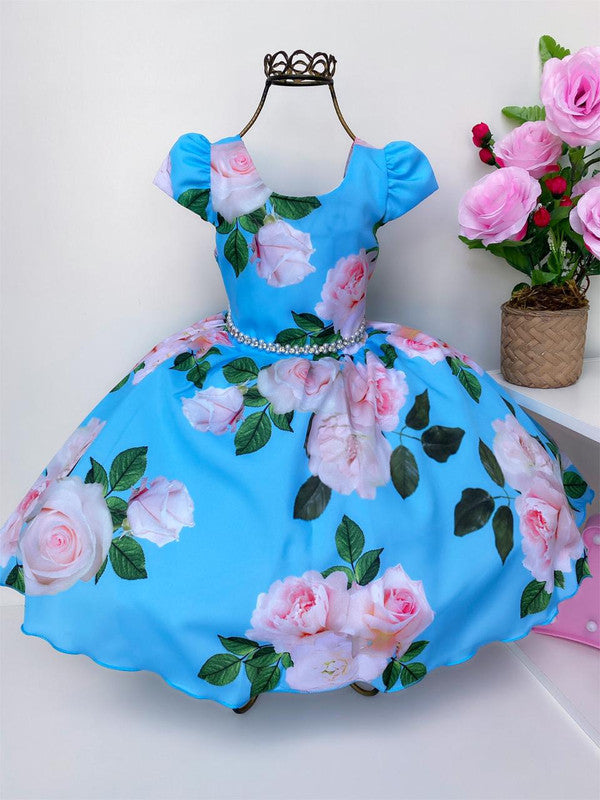 Vestido Infantil Azul Floristas Rosas e Ramos Luxo Princesas