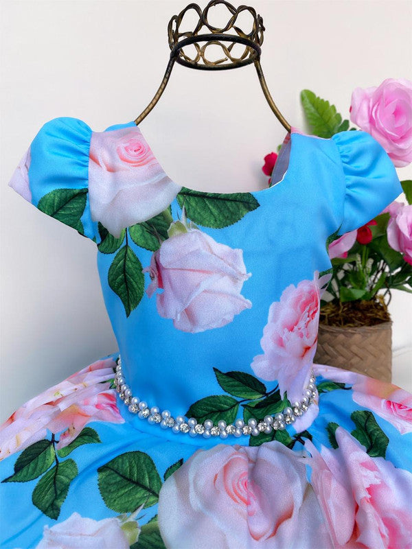 Vestido Infantil Azul Floristas Rosas e Ramos Luxo Princesas