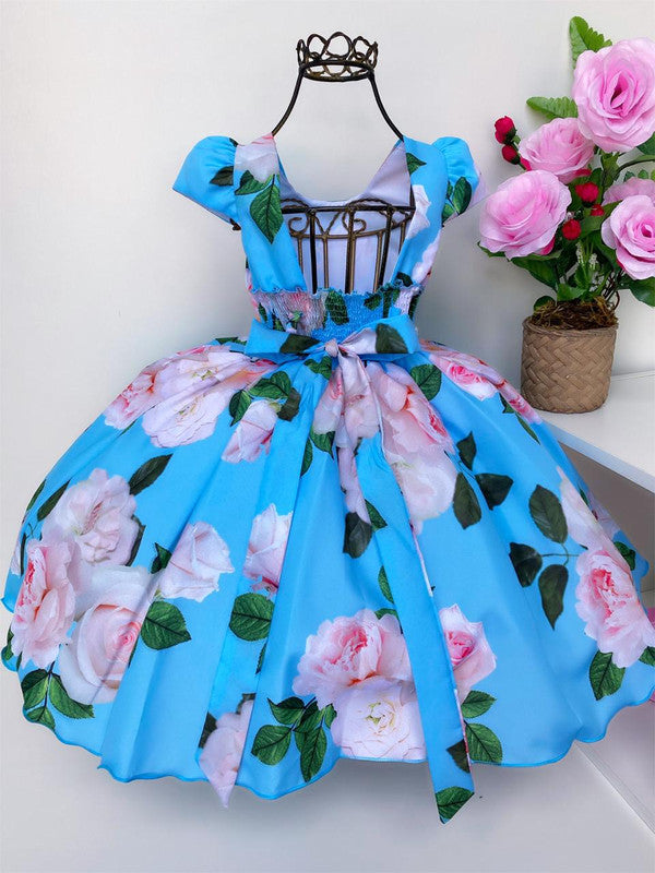 Vestido Infantil Azul Floristas Rosas e Ramos Luxo Princesas