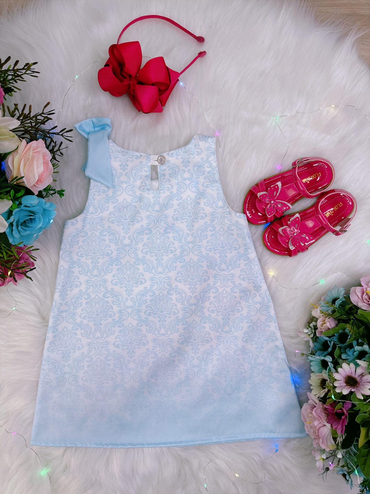 Vestido Infantil Trapézio Azul Bebê Jardim Borboletas Luxo