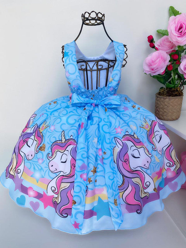 Vestido Infantil Unicórnio Azul Arco Iris Cinto Luxo Festa