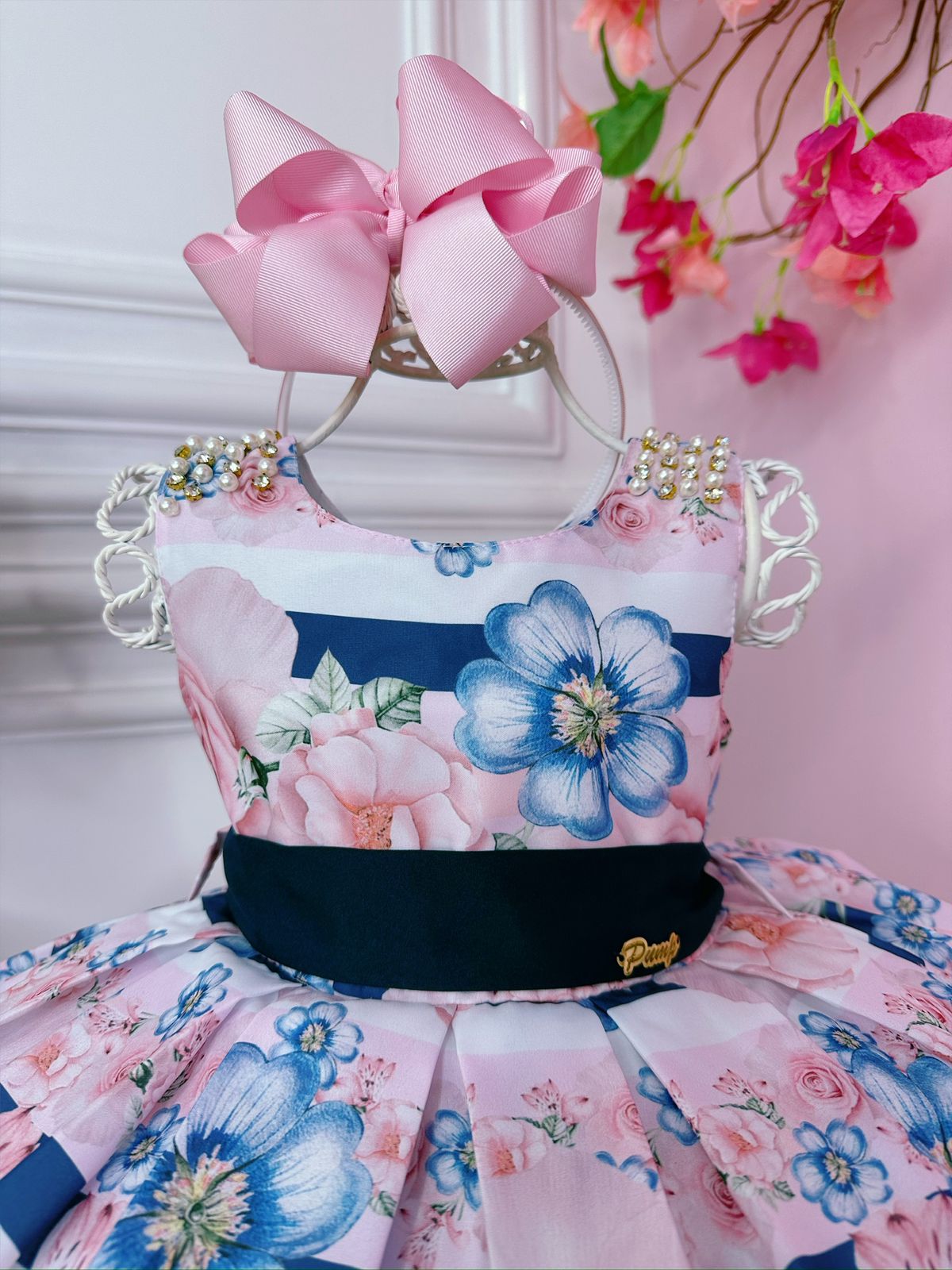 Vestido Infantil Floral Rosa e Azul Marinho Pérolas Strass