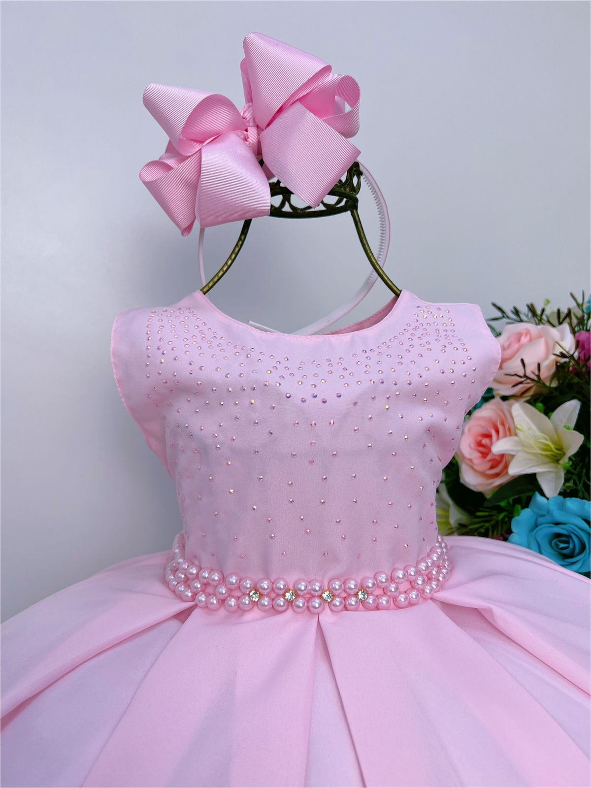 Vestido Infantil Rosa Cinto de Pérolas Peito Strass
