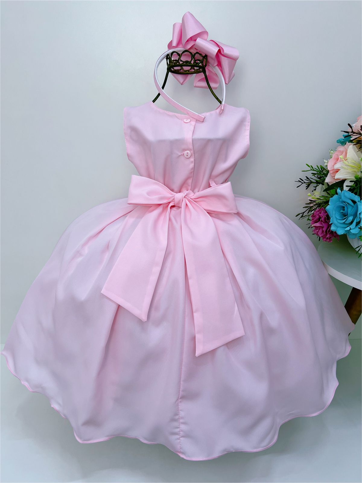 Vestido Infantil Rosa Cinto de Pérolas Peito Strass
