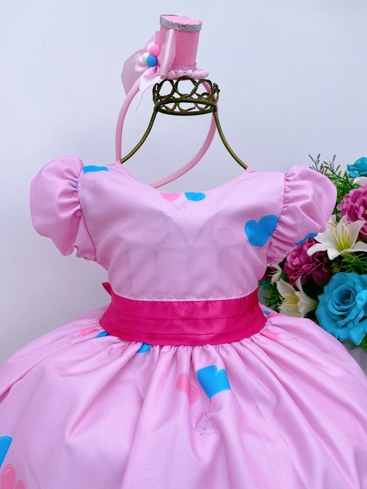 Vestido Infantil Rosa Circo Corações Laço Pink Super Luxo