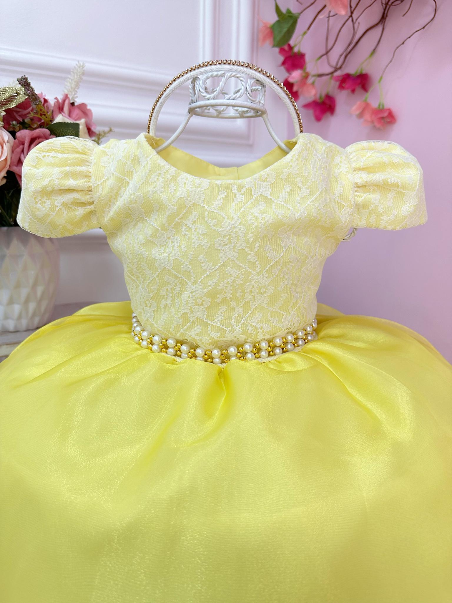 Vestido Infantil Amarelo C/ Renda Cinto Pérola e Tiara Festa