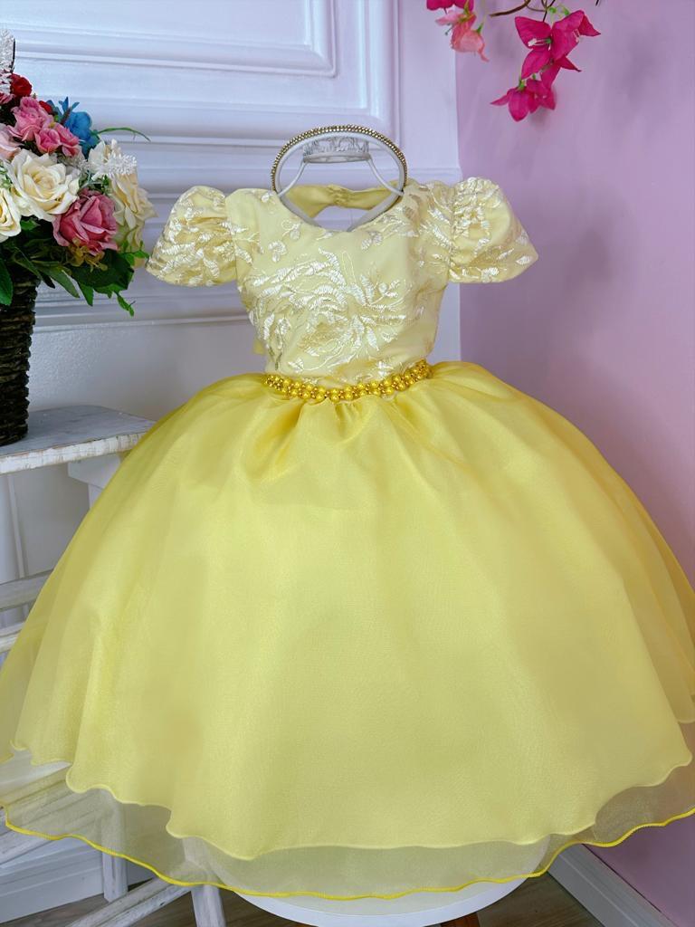 Vestido Infantil Amarelo C/ Renda Cinto Pérolas e Tiara