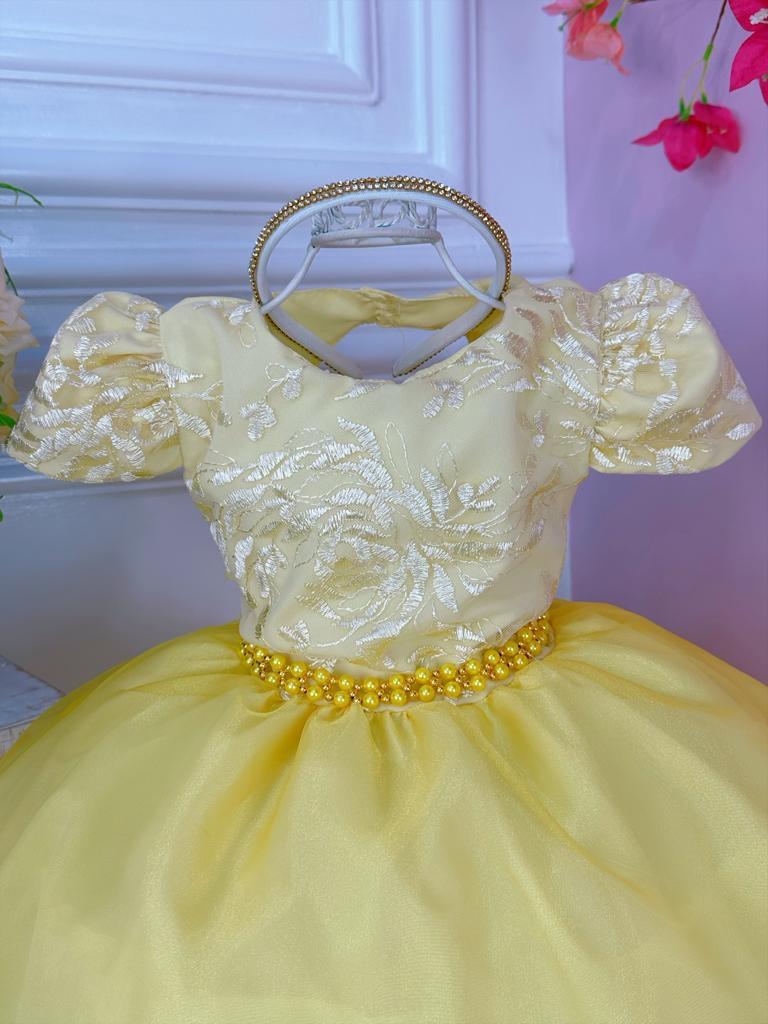 Vestido Infantil Amarelo C/ Renda Cinto Pérolas e Tiara