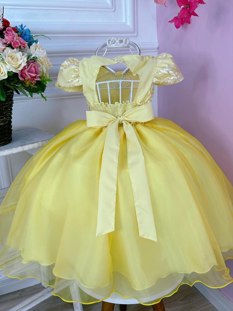 Vestido Infantil Amarelo C/ Renda Cinto Pérolas e Tiara