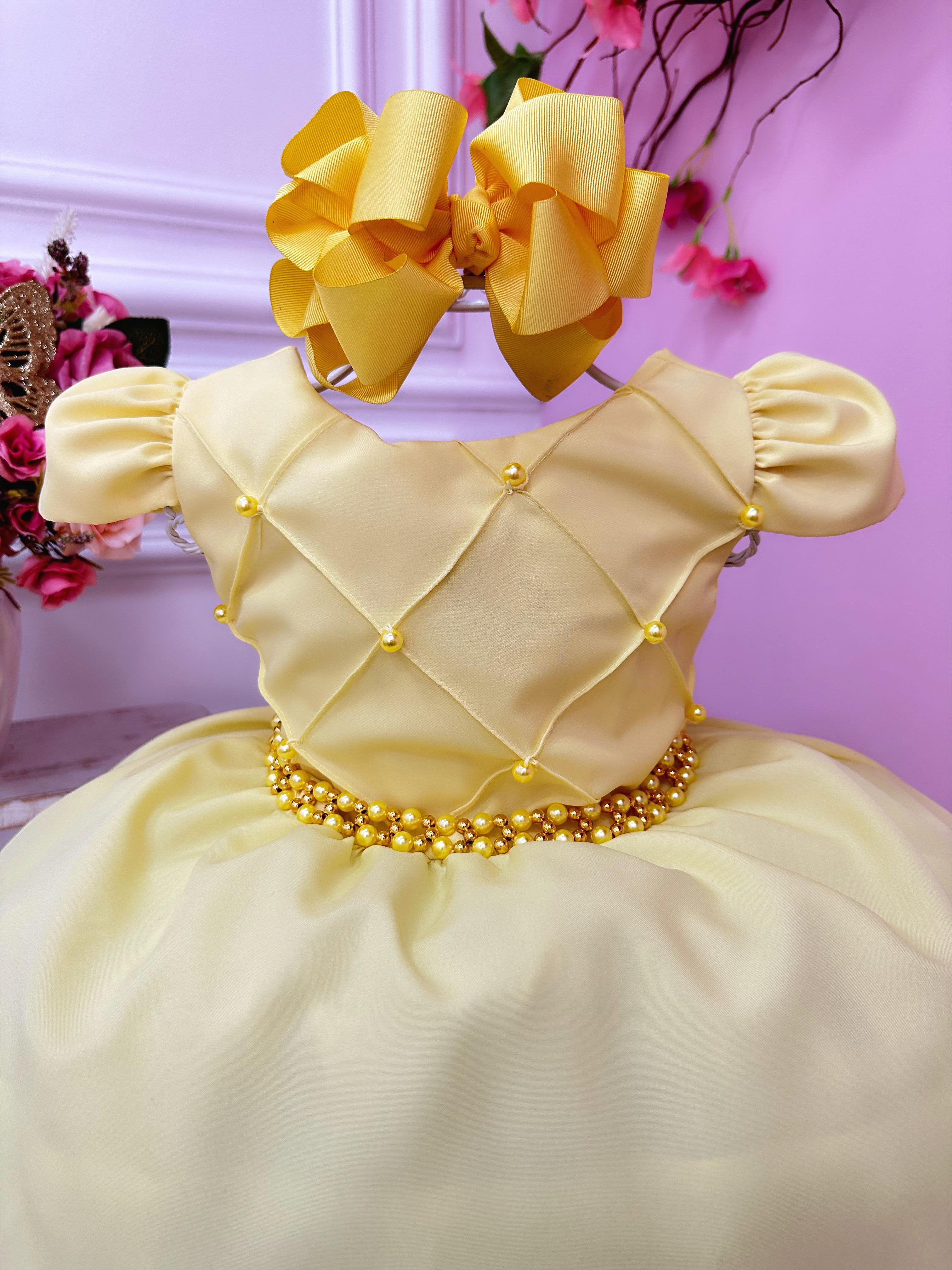 Vestido Infantil Amarelo Cinto de Pérolas Casamento Luxo