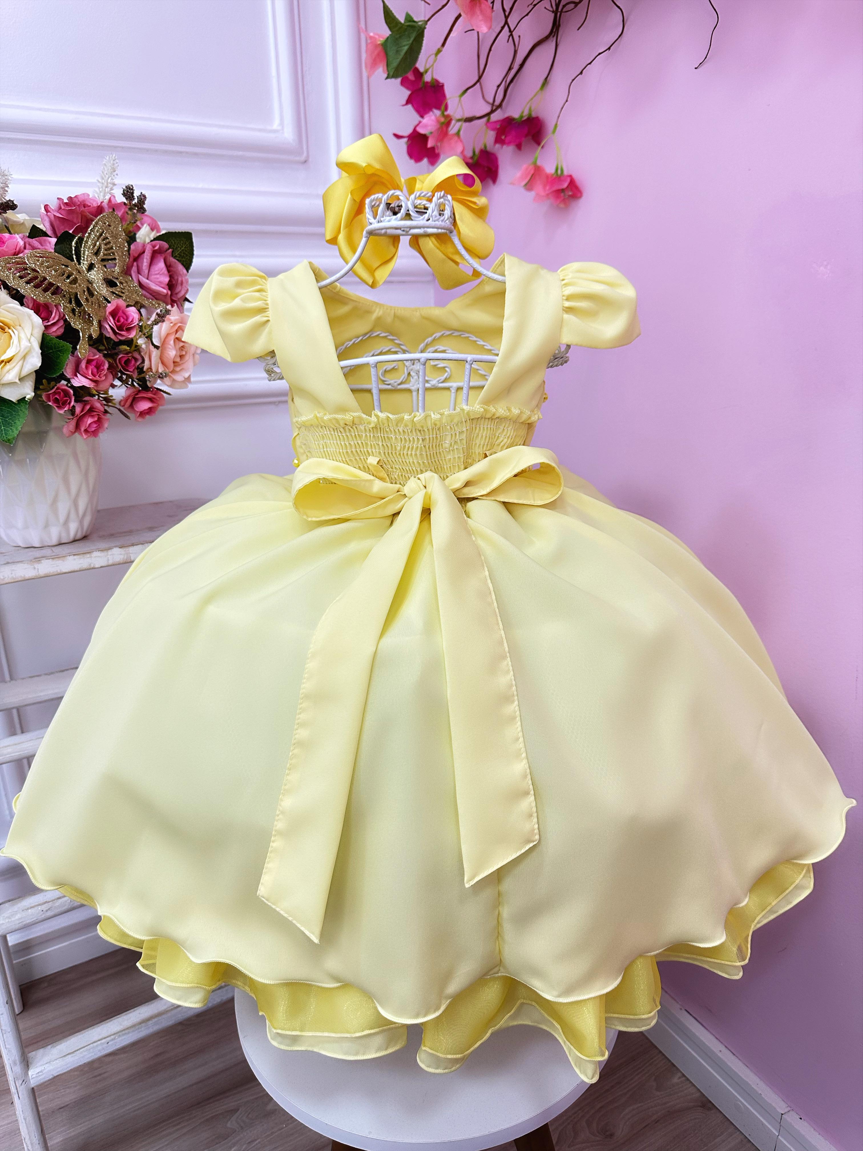 Vestido Infantil Amarelo Cinto de Pérolas Casamento Luxo