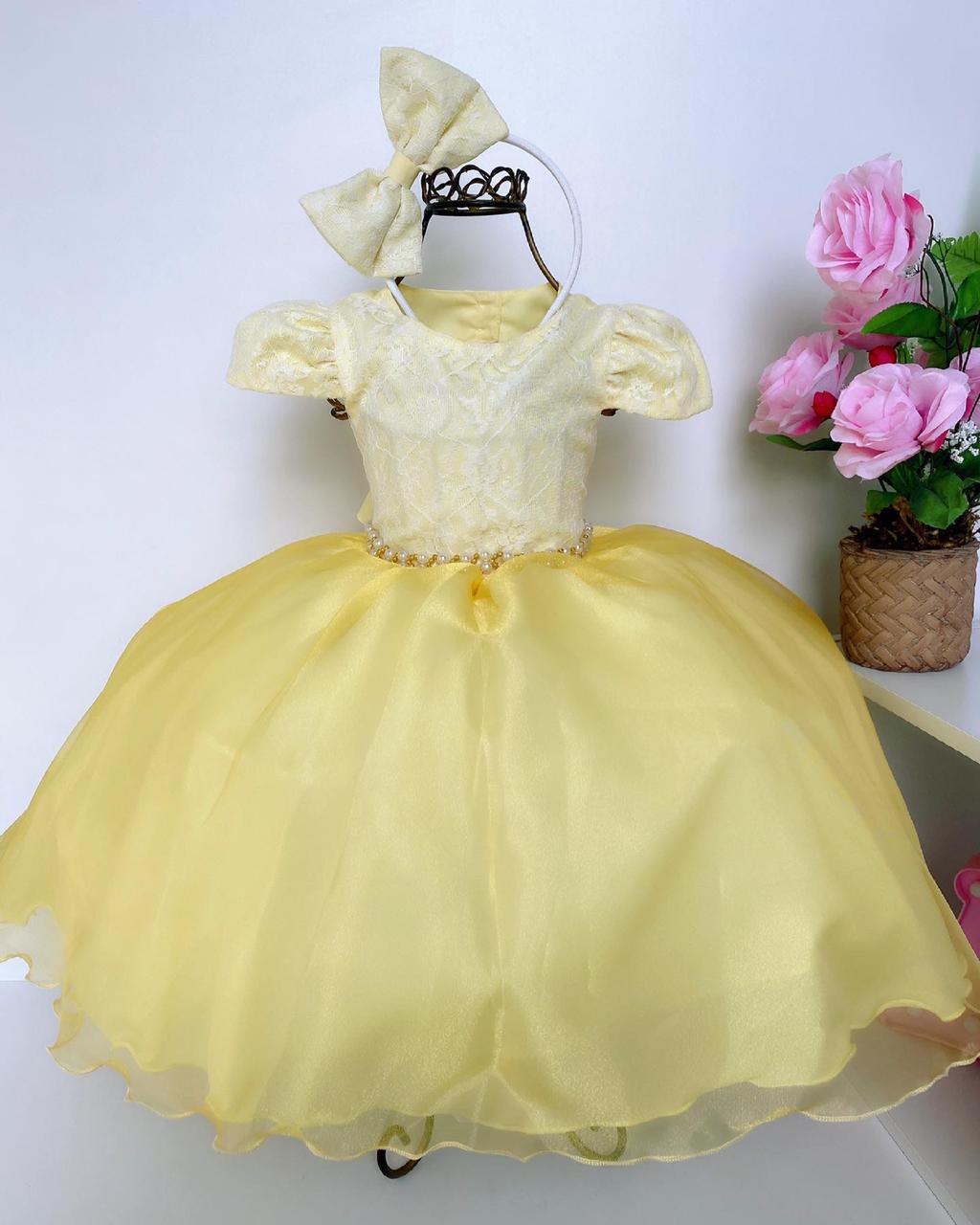 Vestido Infantil Amarelo Renda Damas Cinto Pérolas C/ Tiara