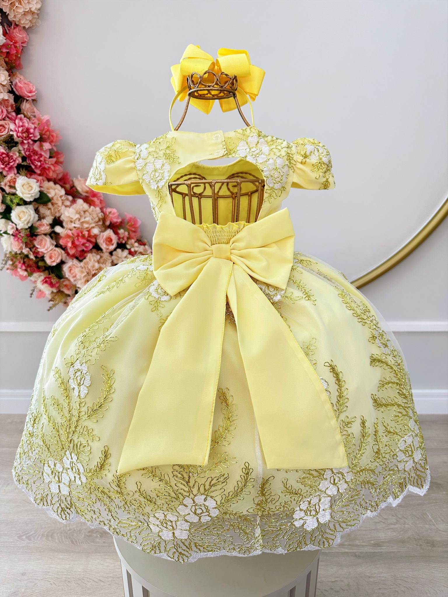 Vestido Infantil Amarelo Renda Realeza Cinto de Pérolas Damas