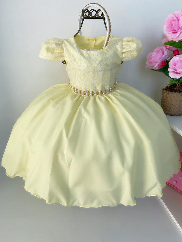 Vestido Infantil Amarelo Saia Lisa Peito Renda com Tiara