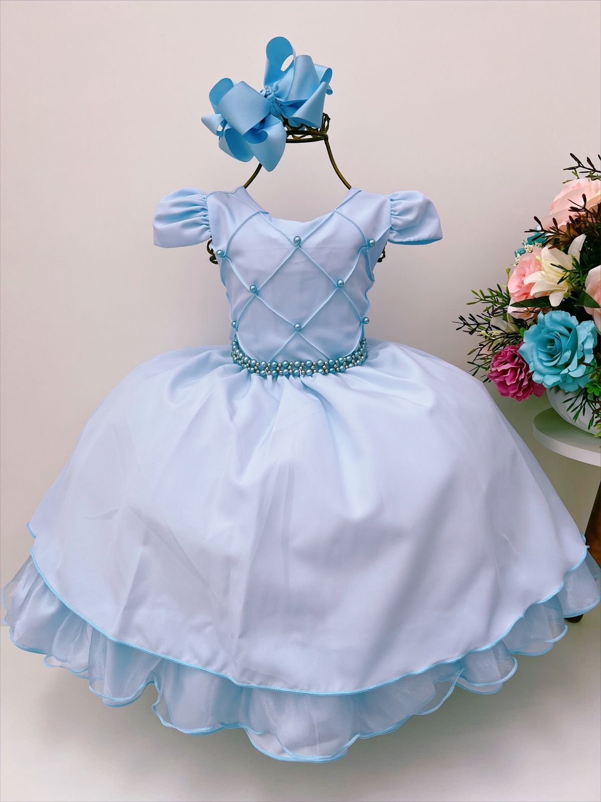 Vestido Infantil Azul Bebê Cinto de Pérolas Casamento Luxo