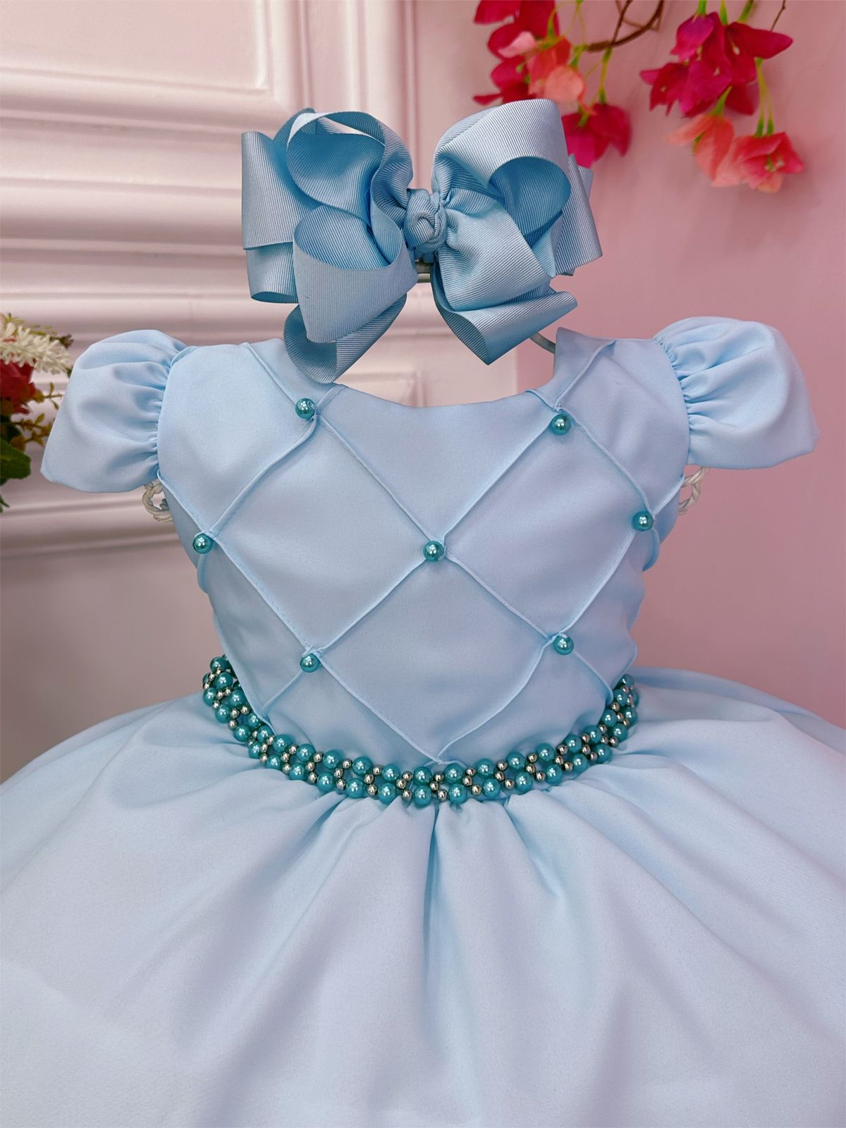 Vestido Infantil Azul Bebê Peito Nervuras Cinto de Pérolas