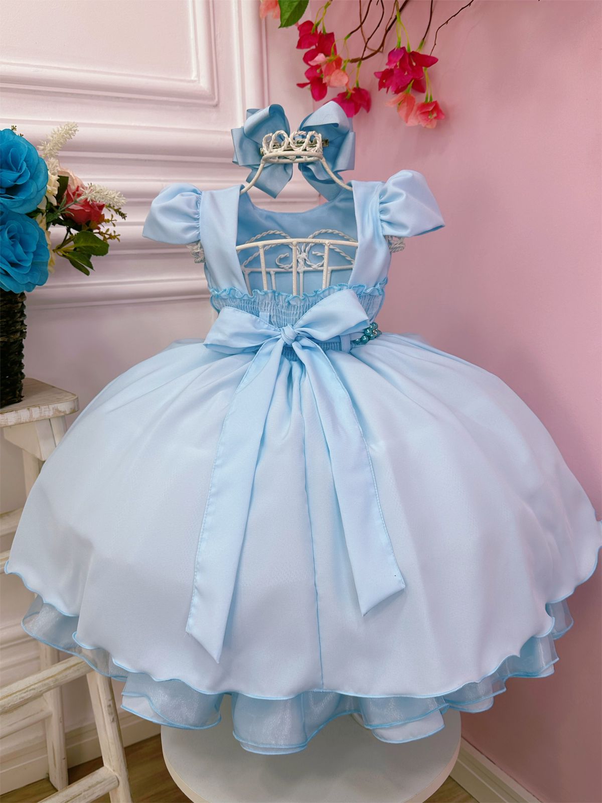 Vestido Infantil Azul Bebê Peito Nervuras Cinto de Pérolas